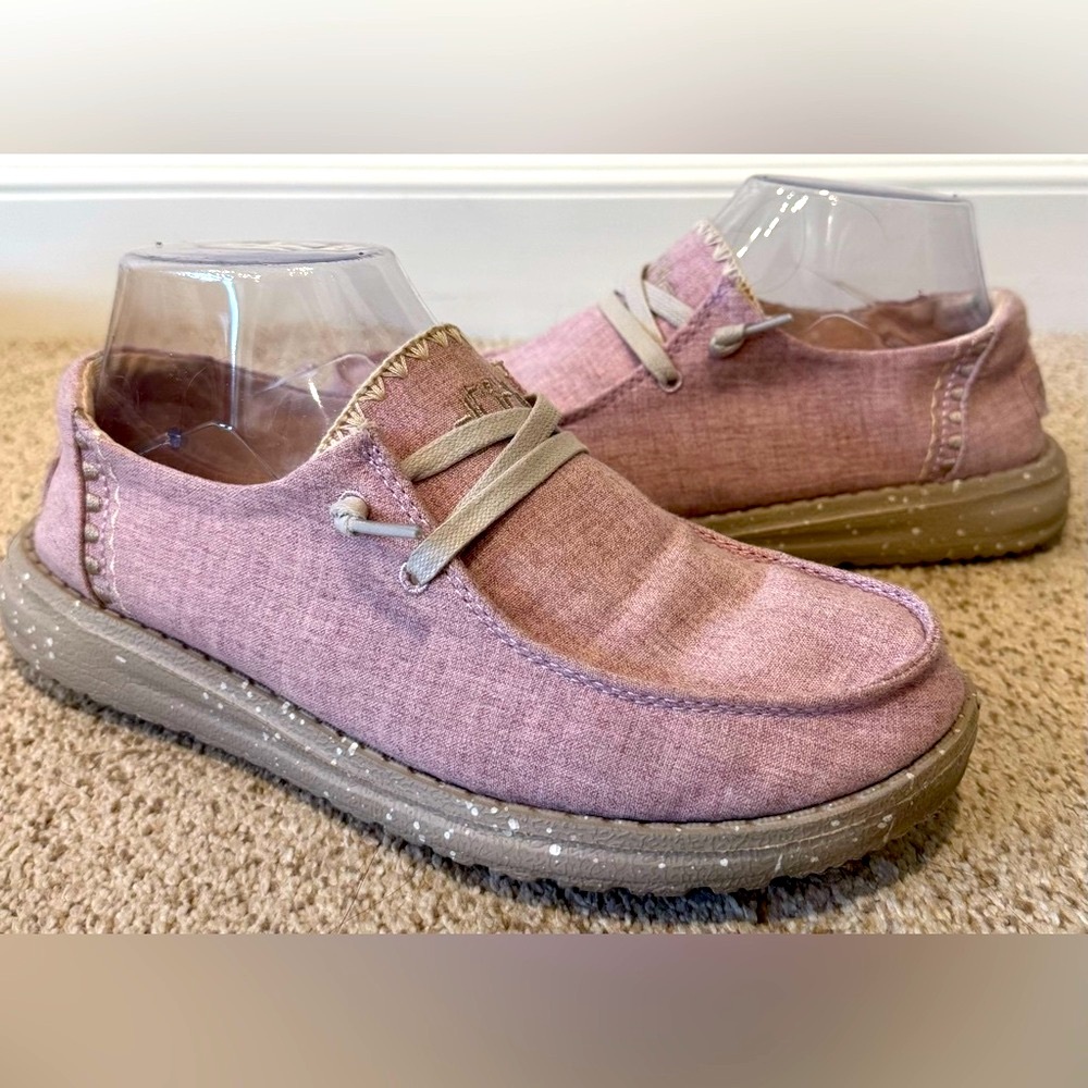 Like New Hey Dude Mauve Wendy Stretch Canvas Shoes w/ Polka-Dot Tan Sole - Picture 9 of 14